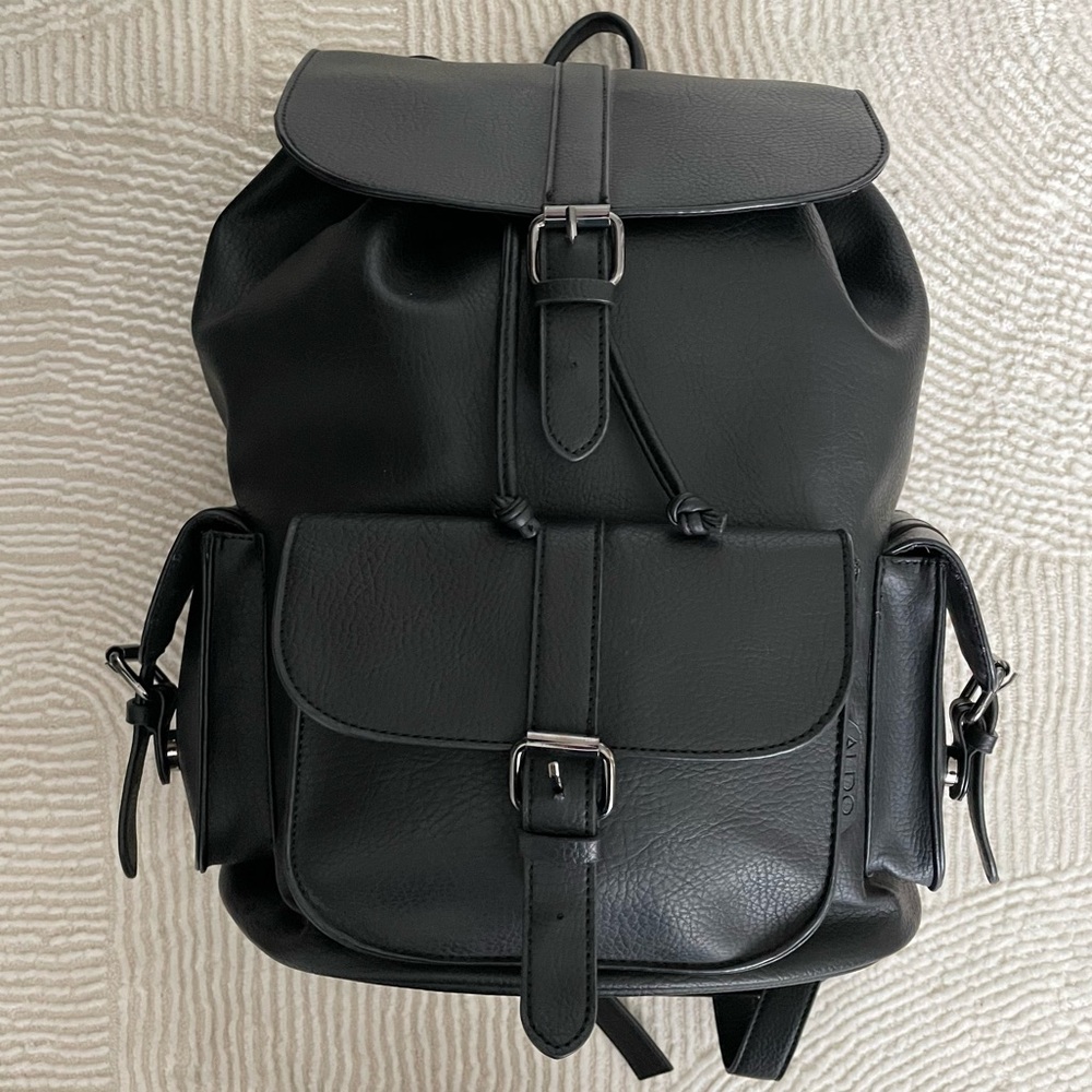 ALDO Black Faux Leather Backpack with Buckles & Side Pockets